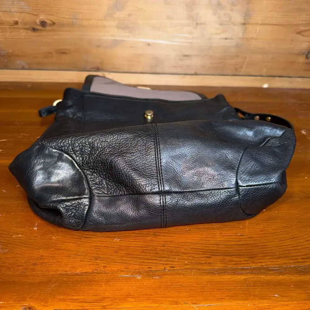 J. Crew Brompton Hobo Flap Bag Purse Satchel Black Pebbled Leather Large
